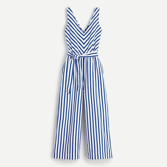 NWT J. Crew V-Neck Wide Leg Belted Jumpsuit in Blue White Stripe - Picture 1 of 5
